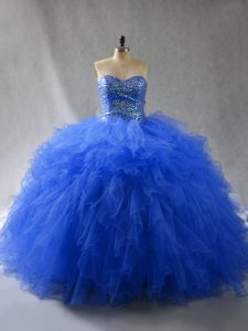 Amazing Royal Blue Ball Gowns Sweetheart Sleeveless Tulle Floor Length Lace Up Beading and Ruffles 15th Birthday Dress