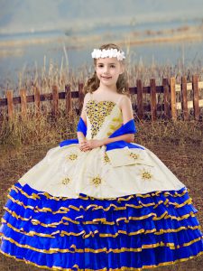 Royal Blue Lace Up Pageant Dress for Teens Beading and Embroidery and Ruffled Layers Sleeveless Floor Length