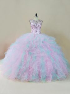 Organza Scoop Sleeveless Lace Up Beading and Ruffles Sweet 16 Dress in Multi-color