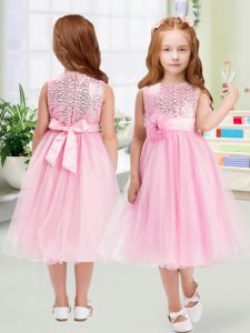Admirable Sleeveless Tea Length Sequins and Hand Made Flower Zipper Pageant Gowns For Girls with Rose Pink