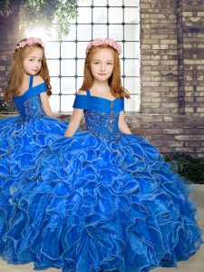 Floor Length Blue Girls Pageant Dresses Organza Sleeveless Beading and Ruffles