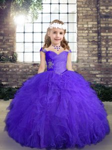 High Quality Floor Length Purple Pageant Dresses Tulle Sleeveless Beading and Ruffles