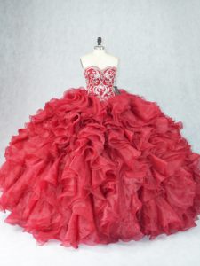Burgundy Organza Lace Up Sweetheart Sleeveless Floor Length 15th Birthday Dress Beading and Ruffles