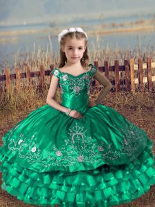 Popular Turquoise Sleeveless Floor Length Embroidery and Ruffled Layers Lace Up Little Girls Pageant Gowns