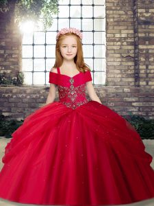 Top Selling Tulle Straps Sleeveless Lace Up Beading Pageant Dress Wholesale in Red
