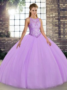 Lavender Scoop Neckline Embroidery Vestidos de Quinceanera Sleeveless Lace Up