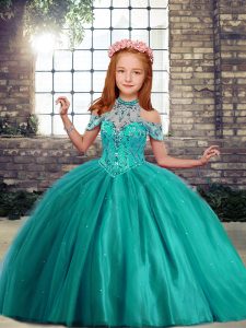 Turquoise Ball Gowns High-neck Sleeveless Tulle Floor Length Lace Up Beading Winning Pageant Gowns