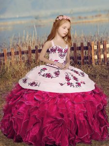 Fantastic Hot Pink Ball Gowns Organza Straps Sleeveless Embroidery and Ruffles Floor Length Lace Up Girls Pageant Dresses