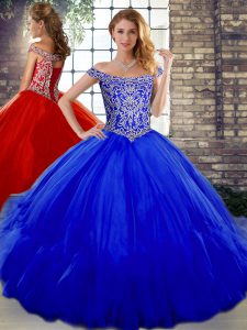 Exquisite Royal Blue Lace Up Quinceanera Gown Beading and Ruffles Sleeveless Floor Length