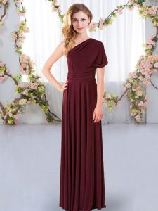 Fashionable Burgundy Sleeveless Floor Length Ruching Criss Cross Vestidos de Damas