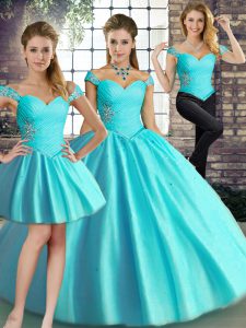 Custom Fit Floor Length Aqua Blue Sweet 16 Dresses Off The Shoulder Sleeveless Lace Up