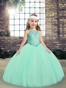 Apple Green Tulle Lace Up Scoop Sleeveless Floor Length Little Girl Pageant Dress Beading