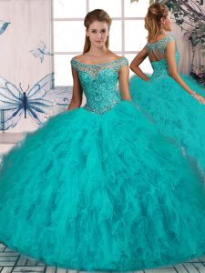 Sexy Aqua Blue Ball Gowns Off The Shoulder Sleeveless Tulle Brush Train Lace Up Beading and Ruffles Quinceanera Dresses