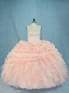 Peach Organza Lace Up 15th Birthday Dress Sleeveless Beading