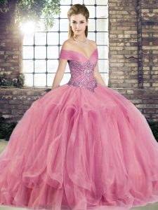 Tulle Sleeveless Floor Length Quinceanera Gowns and Beading and Ruffles