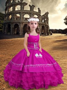 Discount Satin and Organza Straps Sleeveless Zipper Embroidery and Ruffled Layers Little Girls Pageant Dress Wholesale in Fuchsia