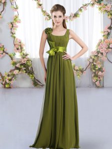 Adorable Olive Green Empire Belt and Hand Made Flower Quinceanera Court of Honor Dress Zipper Chiffon Sleeveless Floor Length
