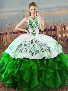 Designer Ball Gowns Halter Top Sleeveless Organza Floor Length Lace Up Embroidery and Ruffles 15 Quinceanera Dress