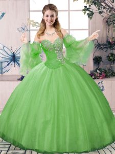 Beading Ball Gown Prom Dress Green Lace Up Long Sleeves Floor Length