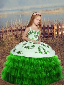 Straps Sleeveless Little Girls Pageant Dress Floor Length Embroidery and Ruffled Layers Organza