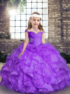 Lavender Sleeveless Organza Lace Up Little Girls Pageant Dress Wholesale for Party and Wedding Party