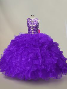 Ruffles and Sequins Quinceanera Dress Purple Lace Up Sleeveless Floor Length