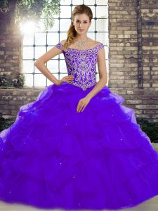 Adorable Lace Up Sweet 16 Quinceanera Dress Purple for Military Ball and Sweet 16 and Quinceanera with Beading and Pick Ups Brush Train
