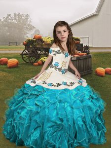 Aqua Blue Ball Gowns Organza Straps Sleeveless Embroidery and Ruffles Floor Length Lace Up Pageant Dress for Teens