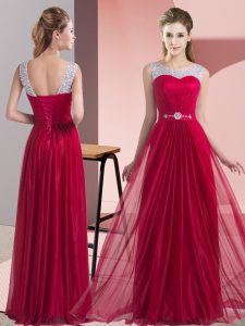 Wine Red Lace Up Dama Dress for Quinceanera Beading and Belt Sleeveless Floor Length