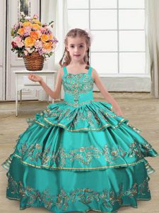 Elegant Ball Gowns Little Girls Pageant Gowns Turquoise Straps Satin Sleeveless Floor Length Lace Up