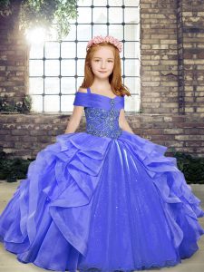 Blue Straps Neckline Beading and Ruffles Pageant Dress for Girls Sleeveless Lace Up