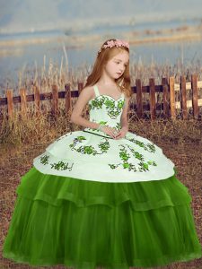 Straps Sleeveless Pageant Dresses Floor Length Embroidery Green Tulle