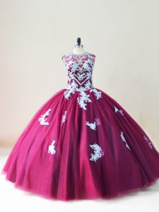Adorable Burgundy Scoop Lace Up Beading and Appliques Quinceanera Dress Sleeveless