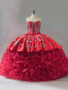 Brush Train Ball Gowns Ball Gown Prom Dress Red Sweetheart Fabric With Rolling Flowers Sleeveless Lace Up