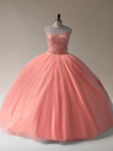 Designer Sleeveless Tulle Floor Length Lace Up Vestidos de Quinceanera in Peach with Beading