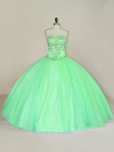 Edgy Strapless Sleeveless Vestidos de Quinceanera Floor Length Beading and Sequins Green Tulle