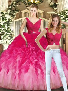 Multi-color Ball Gowns Tulle V-neck Sleeveless Ruching Floor Length Lace Up Sweet 16 Dress