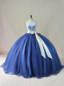 Deluxe Scoop Sleeveless Tulle Quinceanera Gowns Appliques and Sashes ribbons and Bowknot Brush Train Lace Up