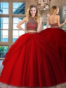 Fashion Sleeveless Floor Length Beading Backless Vestidos de Quinceanera with Red