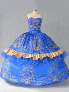Sleeveless Satin and Organza Floor Length Lace Up Quinceanera Gown in Blue with Embroidery and Bowknot
