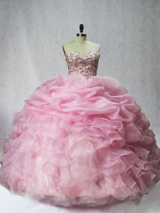 Hot Sale Baby Pink Lace Up 15th Birthday Dress Beading and Ruffles and Pick Ups Sleeveless Floor Length