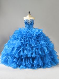 Blue Organza Lace Up Quinceanera Gowns Sleeveless Floor Length Beading and Ruffles and Sequins