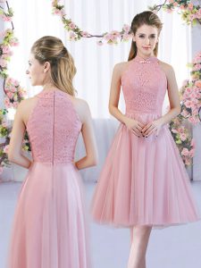 Pink A-line Lace Vestidos de Damas Zipper Tulle Sleeveless Tea Length