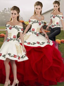 Top Selling Floor Length Lace Up Quinceanera Dresses White And Red for Military Ball and Sweet 16 and Quinceanera with Embroidery and Ruffles