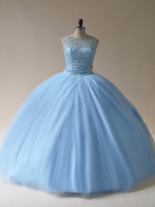 Wonderful Light Blue Sleeveless Floor Length Beading Lace Up Quinceanera Gown
