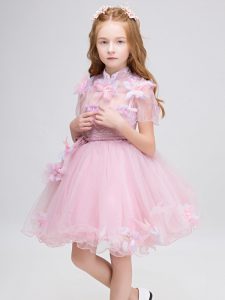 Perfect Baby Pink Short Sleeves Mini Length Appliques Zipper Child Pageant Dress