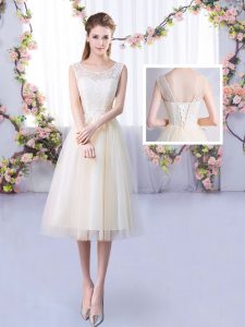Trendy Champagne Sleeveless Tulle Lace Up Quinceanera Court of Honor Dress for Wedding Party