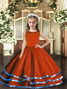 Trendy Scoop Sleeveless Girls Pageant Dresses Floor Length Ruffled Layers Rust Red Tulle