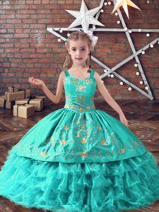 Attractive Turquoise Straps Neckline Embroidery and Ruffled Layers Little Girl Pageant Dress Sleeveless Lace Up