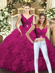 Lovely Floor Length Two Pieces Sleeveless Fuchsia Quinceanera Gown Backless